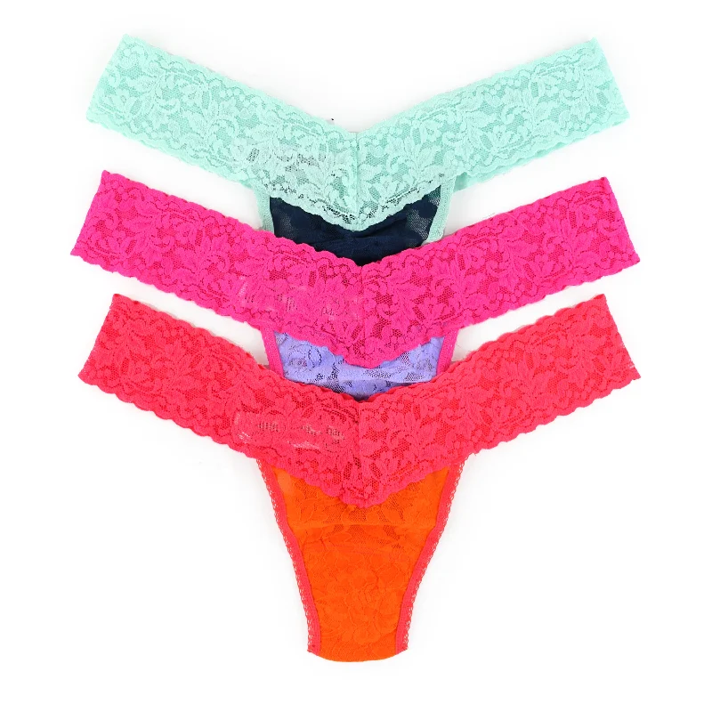 3-Pack Signature Lace Low Rise Thongs | Orange Sparkle/Coral Gables, Nori Blue/Pist, Hyac/Flpk Lace Dress Fashion