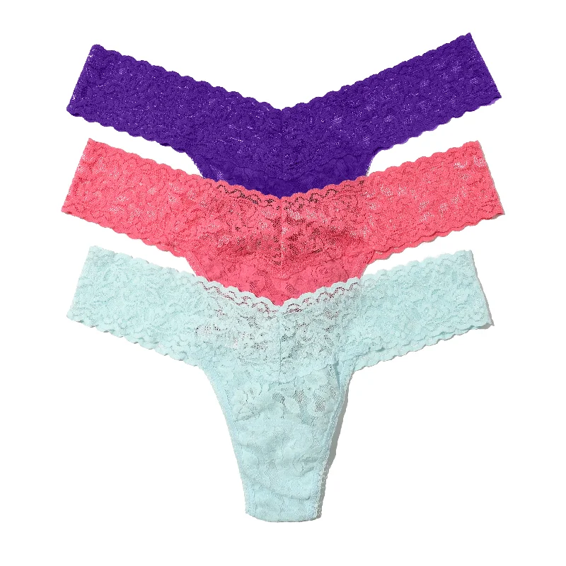 3-Pack Signature Lace Low Rise Thongs | Electric Purple/Raincloud/Guava Pink Lace Cocktail Gown