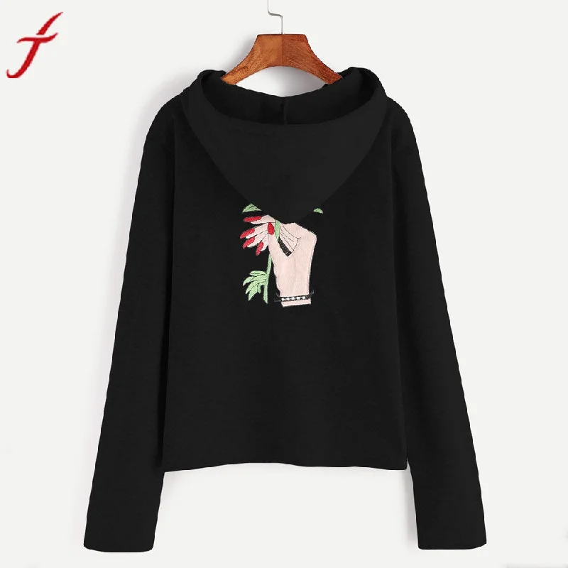 Women Hoodie Sweatshirt Basic Black Flower Printing Sweatshirt Jumper Long Sleeve Crop harajuku Pullover hoodie Tops Sporty Hoodie Sweatshirt