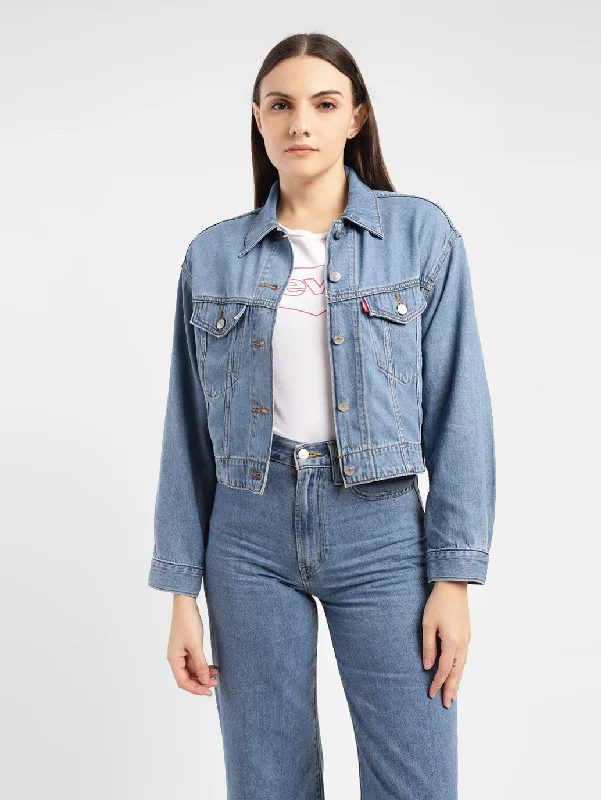 Women's Solid Indigo Spread Collar Trucker Jacket Women's polyester jackets