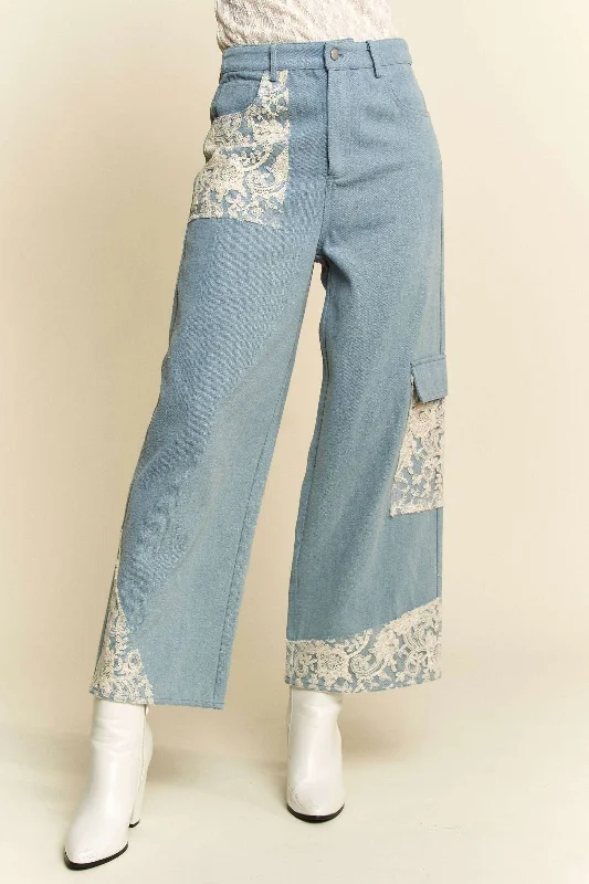 Davi & Dani Lace Applique Wide Leg Jeans In Light