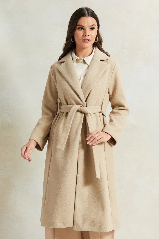 Women Beige Long Melton Jacket Women's eco-friendly jackets