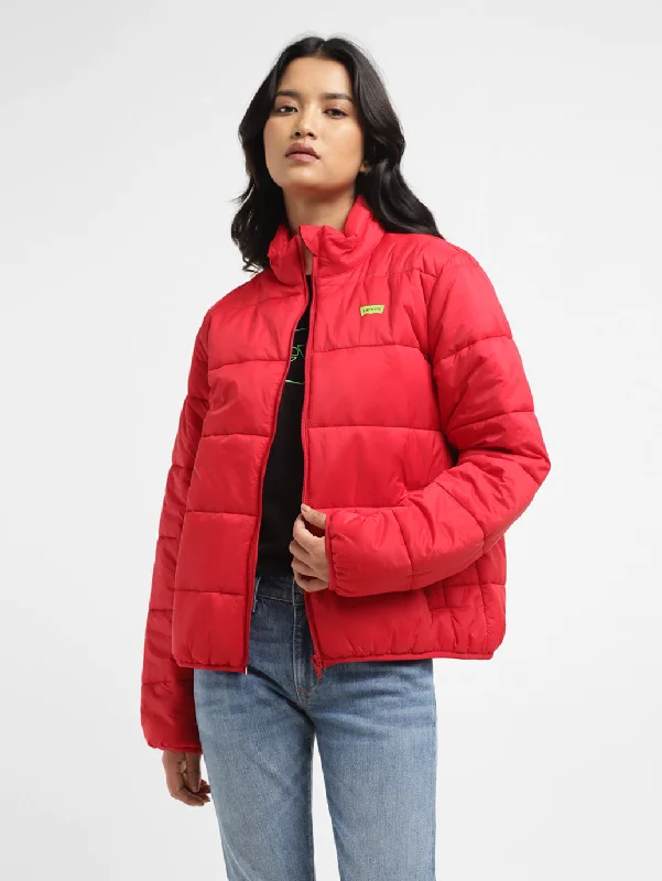 Women's Solid Red High Neck Quilted Jacket Women's motorcycle jackets