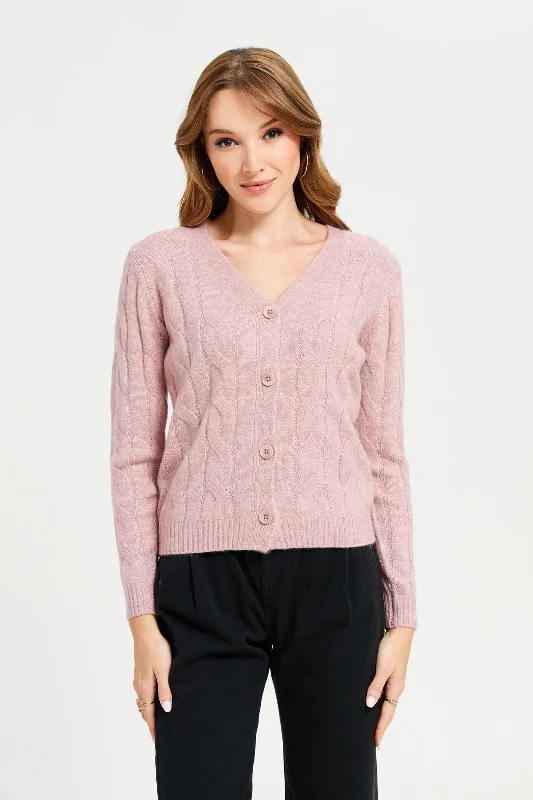 Women Pink V-Neck Cable Knit Cardigan Women's camping jackets