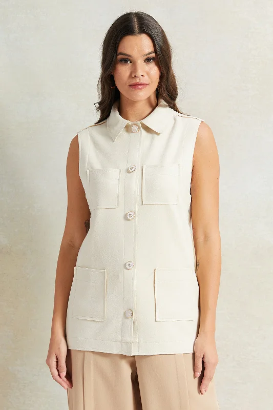 Women Cream Sleeveless Collared Vest Women's college jackets