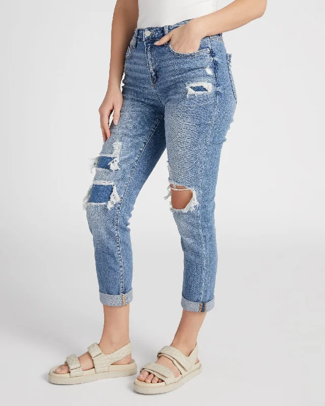 Patched High Rise Cuffed Boyfriend Jeans