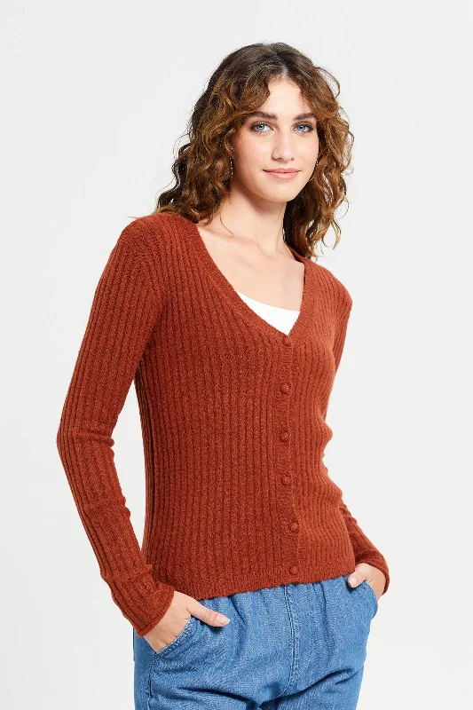 Women Brown V Neck Knitted Cardigan Women's winter-ready jackets