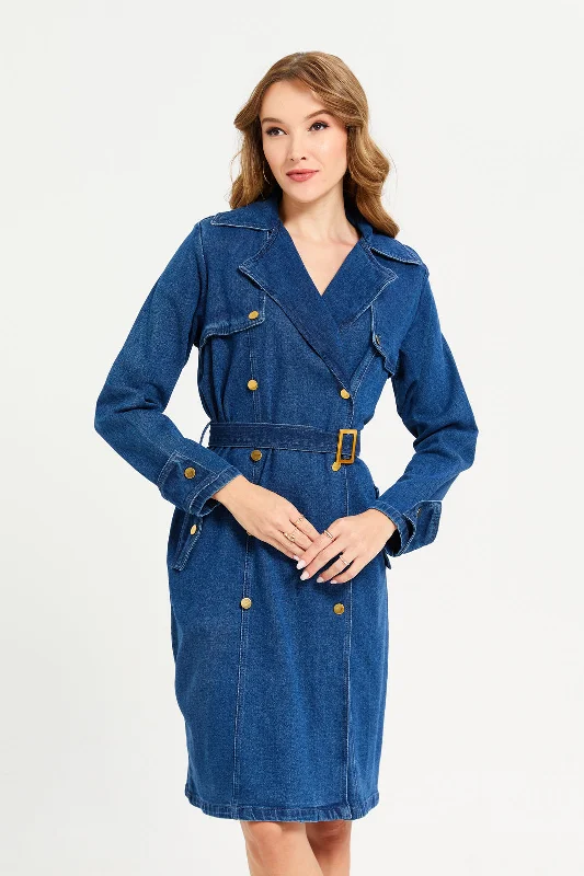 Women Navy Collared Denim Dress Women's quilted jackets