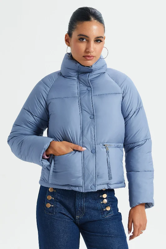 Pale Blue Zip Up Stand Collar Puffer Jacket Women's high-end jackets