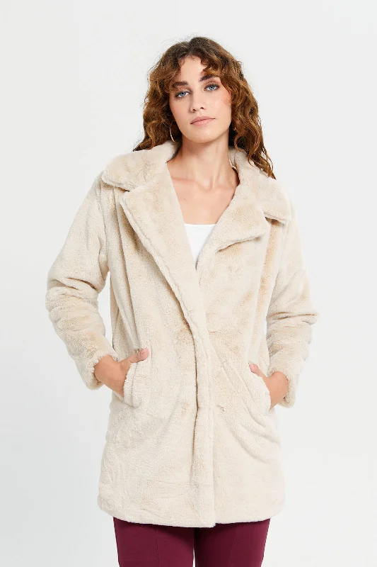 Women Beige Faux Fur Coat Women's discounted jackets