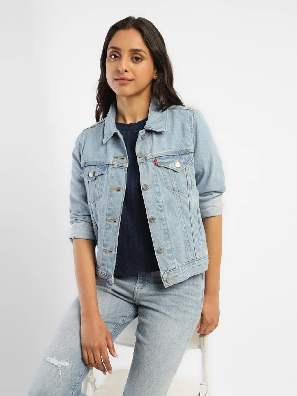 Women's Solid Blue Spread Collar Denim Jacket Women's Adidas jackets