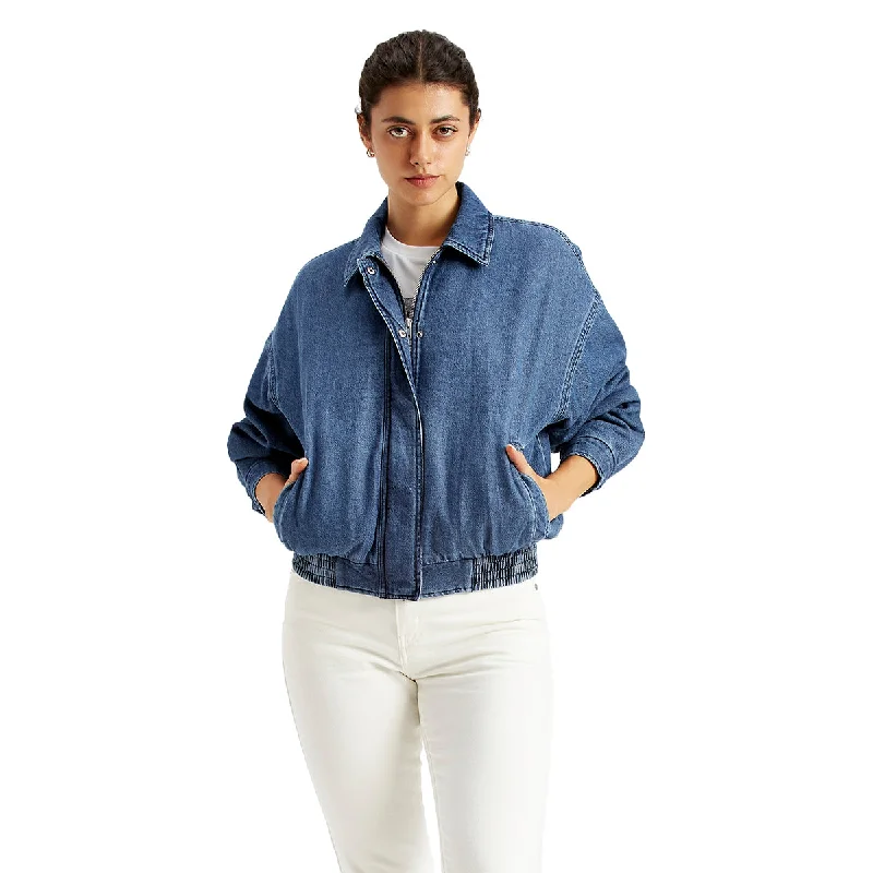 Women's Solid Blue Spread Collar Jacket Women's versatile jackets