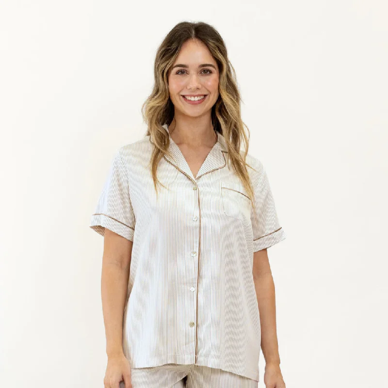 Ivy Bamboo Shirt - Mocha Stripe [PRE-ORDER] Best-selling pajama sets 2024