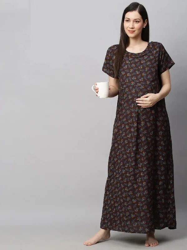 MomToBe Brown Printed Maxi Maternity Sustainable Nightdress-2000mtbbrnflrfn-Free Personalized pajama sets