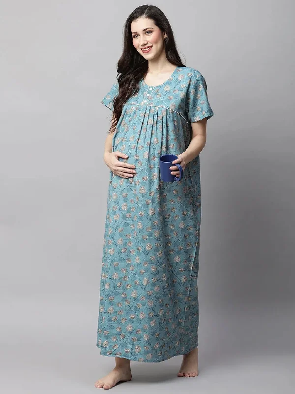 MomToBe Floral Printed Maternity Maxi Sustainable Nightdress-2009mtbblprntfn-Free Bridal pajama sets