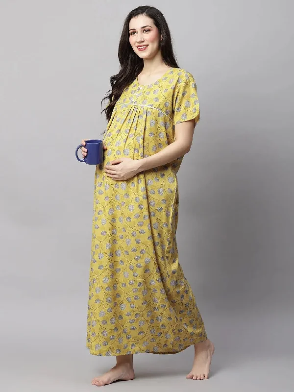 MomToBe Floral Printed Maternity Maxi Sustainable Nightdress-2009mtbyellprntfn-Free Two-piece pajama sets