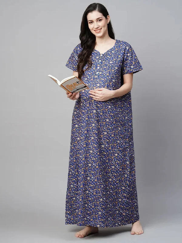 MomToBe Floral Printed Pure Cotton Maternity Maxi Sustainable Nightdress-2004mtbblflrfn-Free Designer pajama sets