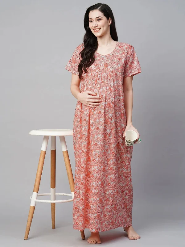 MomToBe Floral Printed Pure Cotton Maternity Maxi Sustainable Nightdress-2005mtborngflrfn-Free Discounted pajama sets