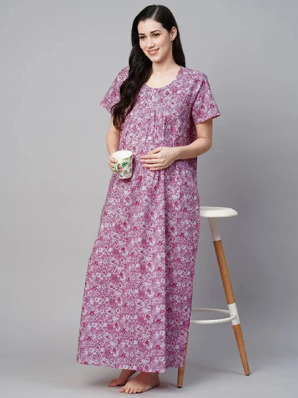 MomToBe Floral Printed Pure Cotton Maternity Maxi Sustainable Nightdress-2005mtbpkflrfn-Free Zara pajama sets