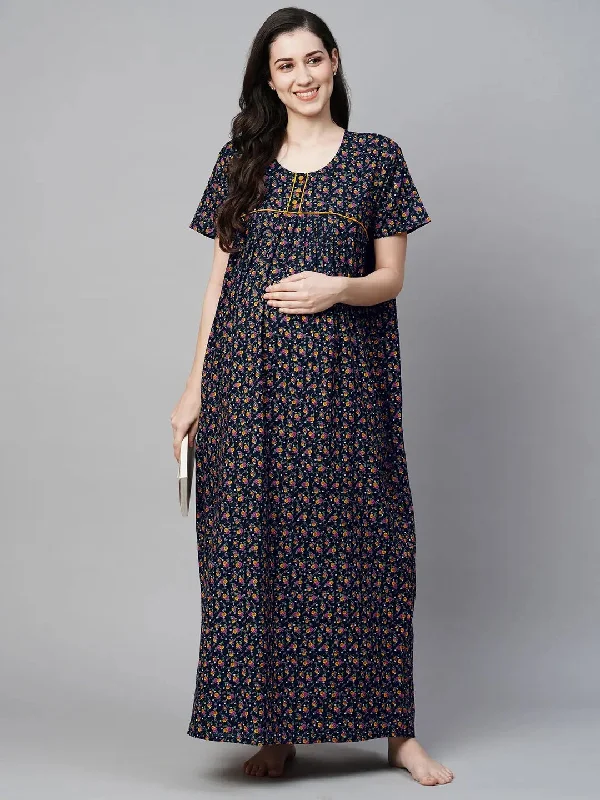 MomToBe Floral Printed Pure Cotton Maternity Maxi Sustainable Nightdress-2007mtbnblflrfn-Free Shein pajama sets