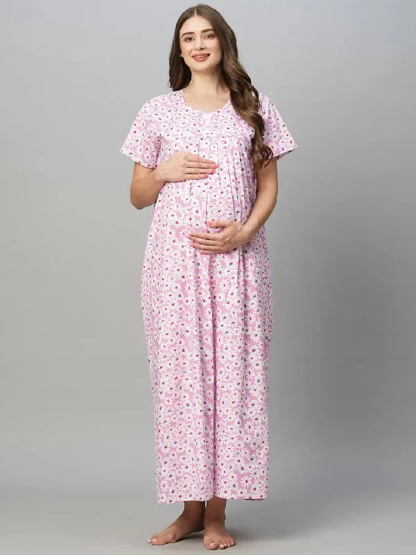 MomToBe Floral Printed Pure Cotton Maternity Nightdress-2013mtbpkflowerfn-Free Work-from-home pajama sets