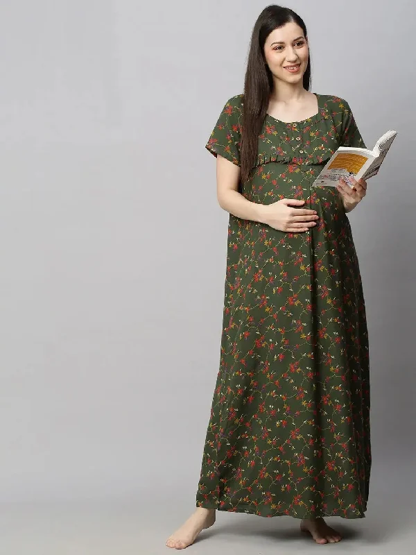 MomToBe Green Printed Maxi Maternity Sustainable Nightdress Best pajama sets for pregnancy