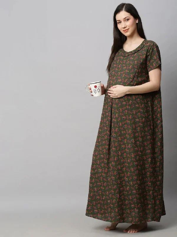 MomToBe Green Printed Maxi Nursing Sustainable Nightdress Best pajama sets for honeymoon