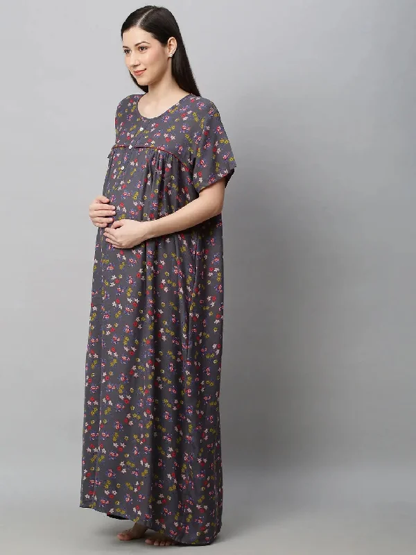 MomToBe Grey Printed Maxi Maternity Sustainable Nightdress High-end pajama sets