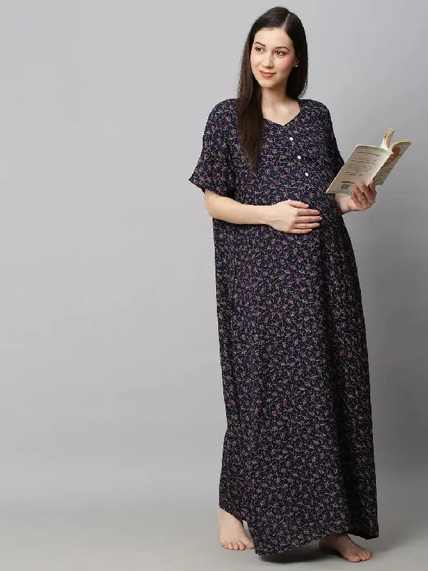 MomToBe Navy Blue Printed Maxi Maternity Sustainable Nightdress-2002mtbnblflrfn-Free Best pajama sets for sensitive skin