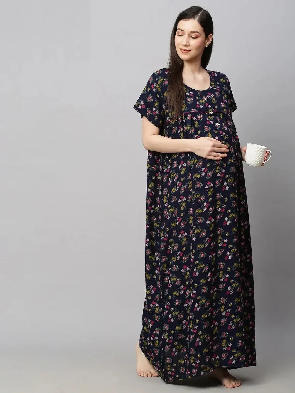 MomToBe Navy Printed Maxi Sustainable Maternity Nightdress Best pajama sets for teens