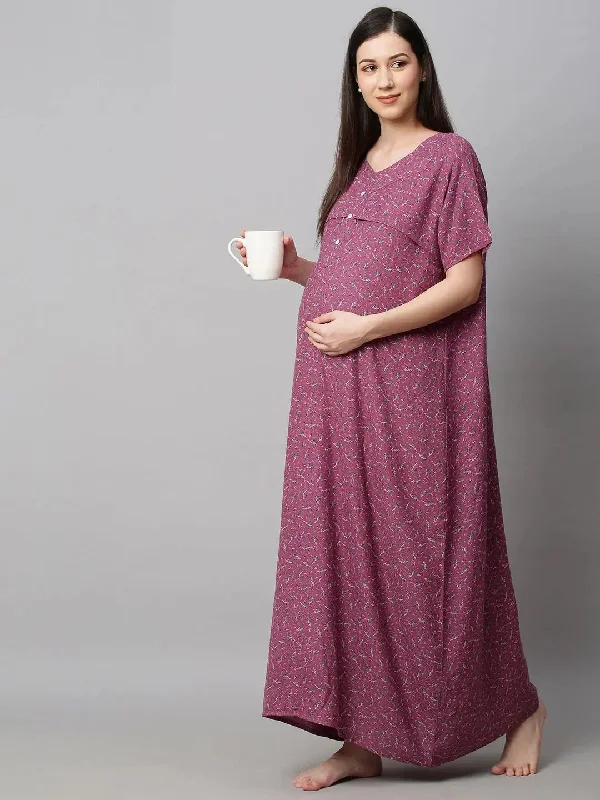 MomToBe Purple Printed Maxi Maternity Sustainable Nightdress Boho pajama sets