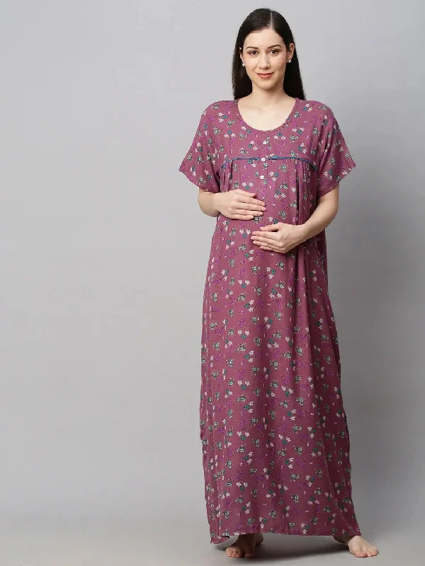 MomToBe Purple Printed Maxi Sustainable Maternity Nightdress Affordable pajama sets