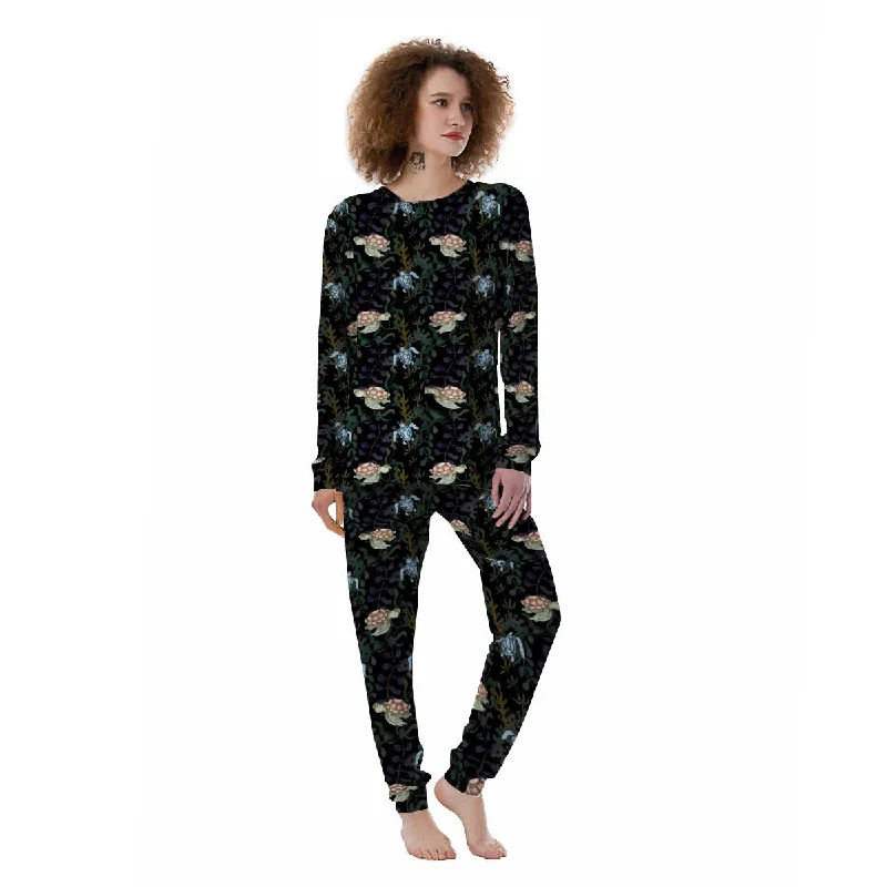 Painting Sea Turtle Print Pattern Women's Pajamas Flannel pajama sets