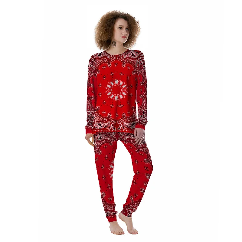 Paisley Bandana White And Red Print Women's Pajamas Unisex pajama sets