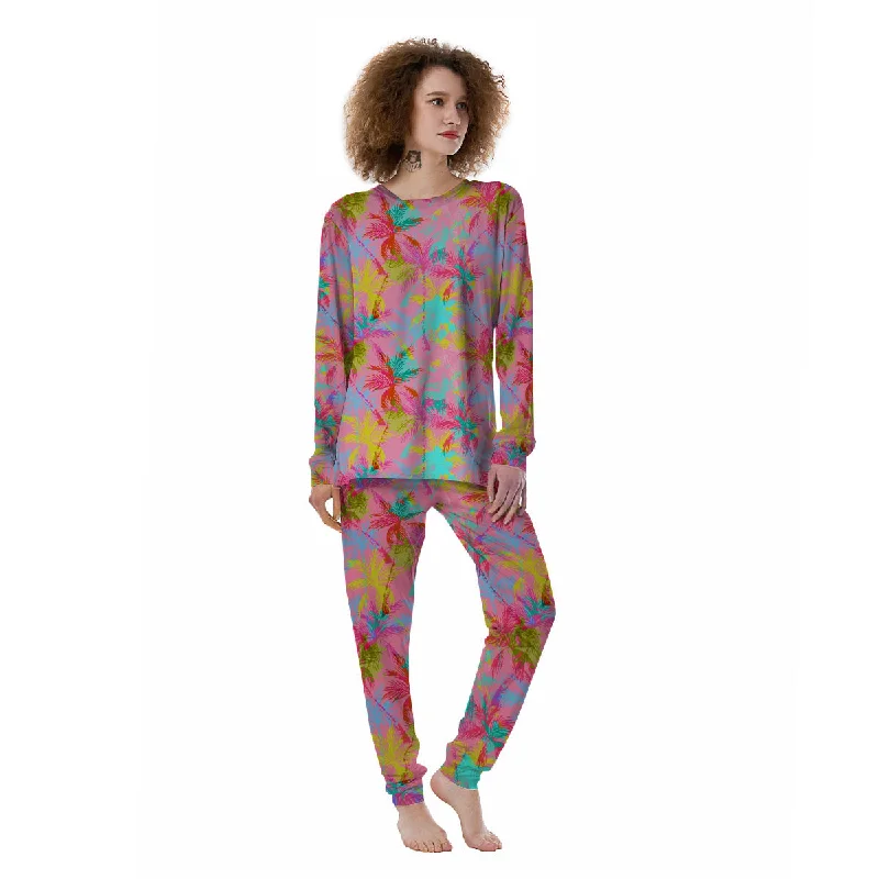 Palm Tree Rainbow Print Pattern Women's Pajamas Best pajama sets for cold weather