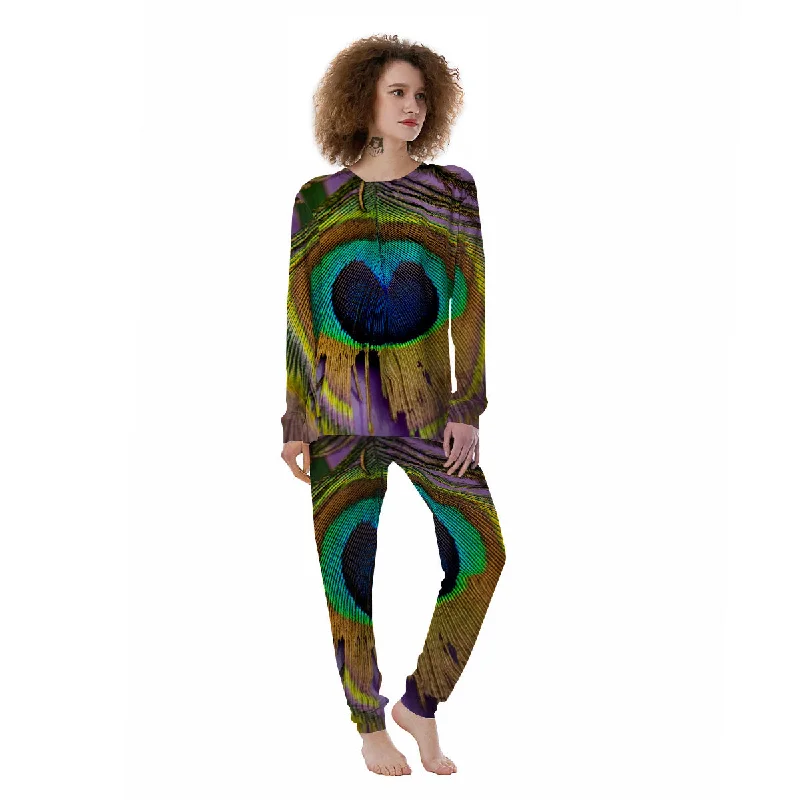 Peacock Feather Purple Bohemian Print Women's Pajamas Minimalist pajama sets