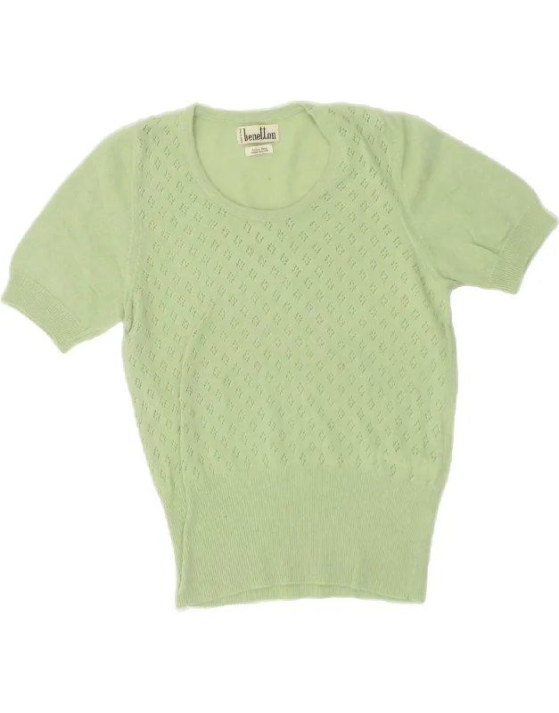 BENETTON Womens Short Sleeve Crew Neck Jumper Sweater UK 8 Small Green Luxury sweaters