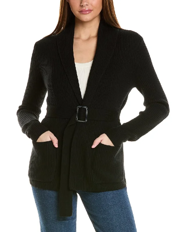 Bruno Magli Ribbed Belted Shawl Wool Cardigan Budget-friendly sweaters