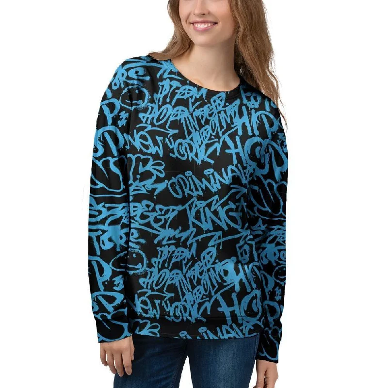 Hiphop Graffiti Blue Text Print Women's Sweatshirt Turtleneck sweaters