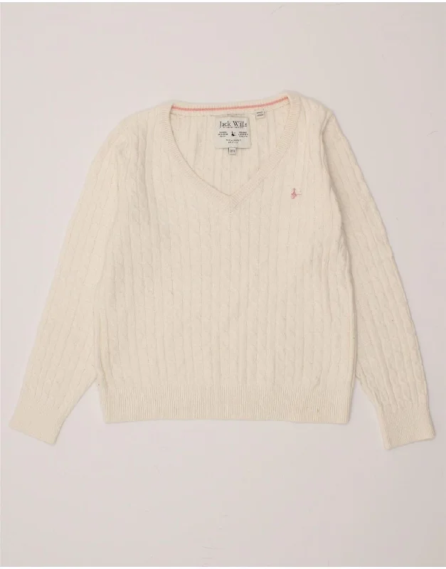 JACK WILLS Womens V-Neck Jumper Sweater UK 12 Medium Off White Cotton Outdoor sweaters