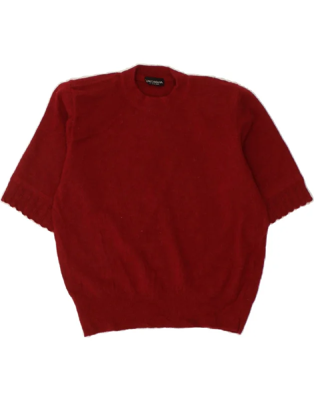 VINTAGE Womens Short Sleeve Crew Neck Jumper Sweater UK 10 Small Burgundy Cotton sweaters