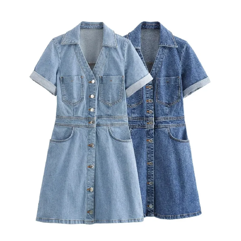 Dark Blue/Light Blue A-line Short Sleeve Denim Mini Shirt Dress Knitted mini dresses