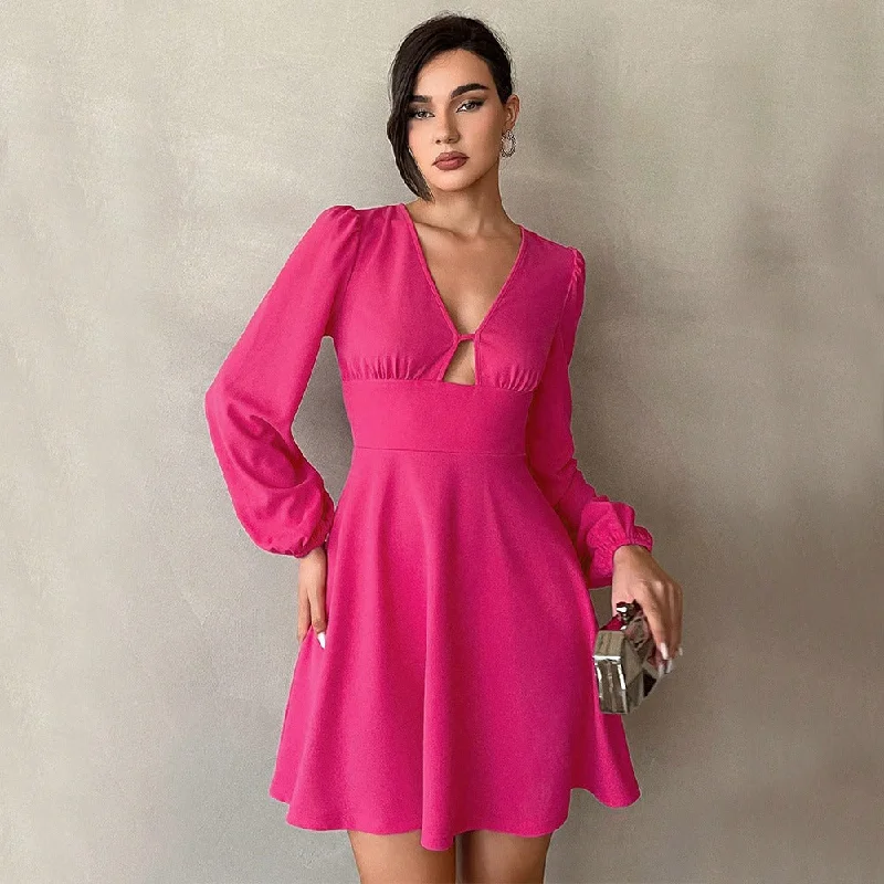 Rose Red V-neck Puff Sleeve A-line Smock Waist Mini Dress Clubbing mini dresses