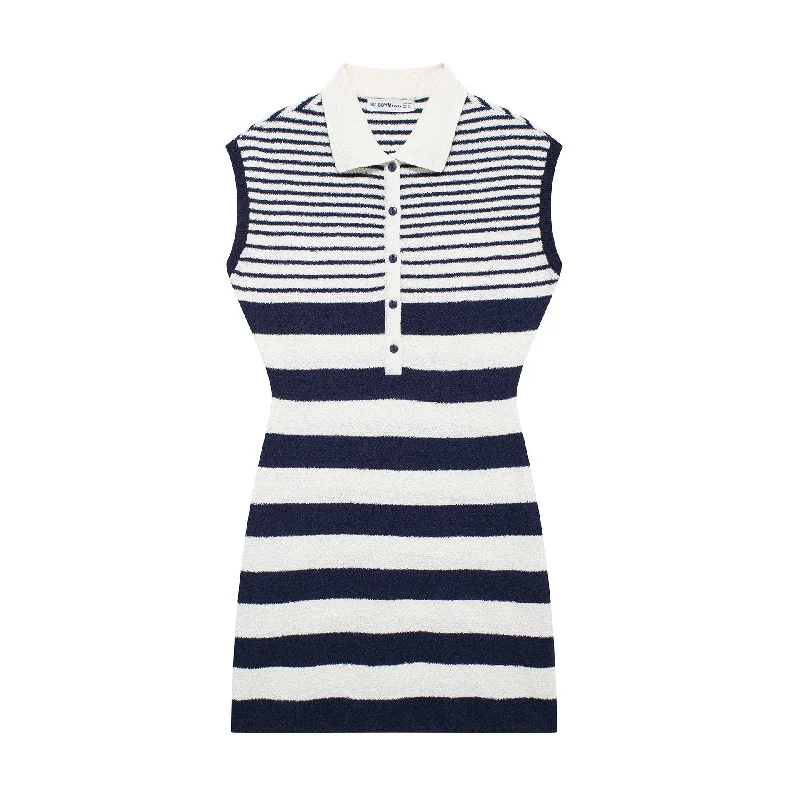 Sleeveless Striped Lapel Collar Slim Fit Knit Mini Dress Street style mini dresses