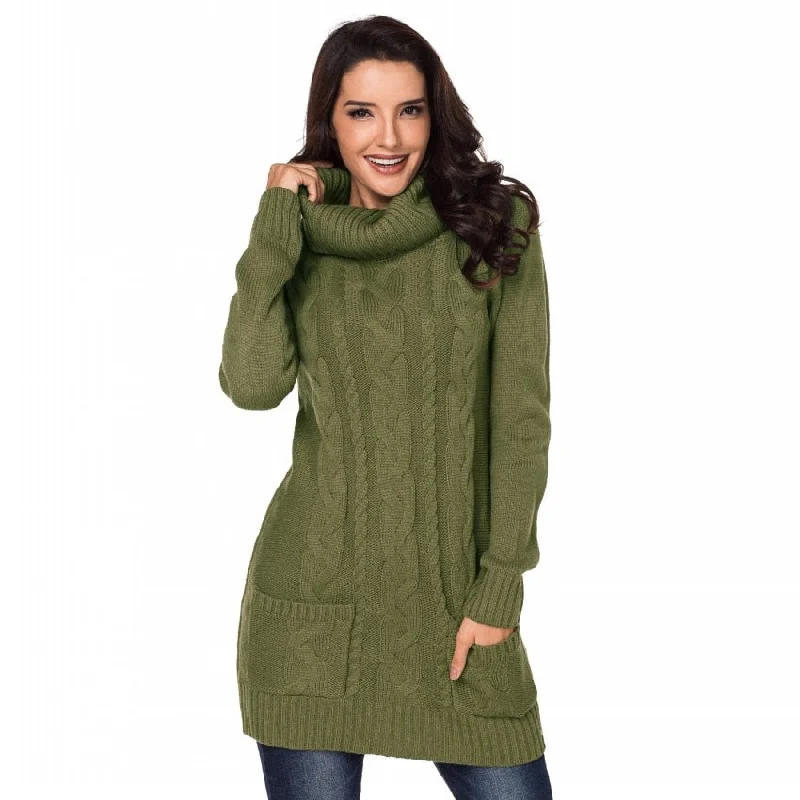 Cowl Neck Long Sleeve Bodycon Sweater Dress (Green/White) Formal mini dresses