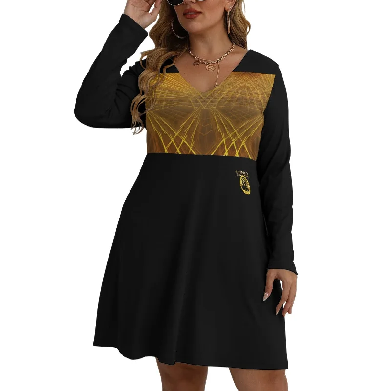 Yahuah-Tree of Life 02-03 Voltage Designer V-neck Long Sleeve Flared Plus Size Mini Dress Satin mini dresses