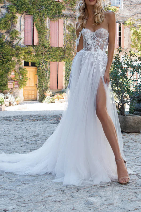 A Line Sweetheart Lace Applique Bohemian Split Wedding Dress Classic Satin Gown