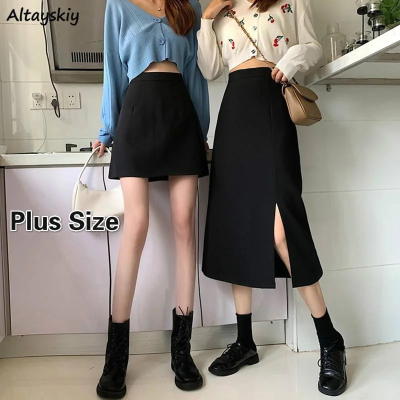 Black Skirts Women Mid-calf College A-line High Waist Korean Style Plus Size Streetwear Chic Female Bottom Popular unclassified skirts