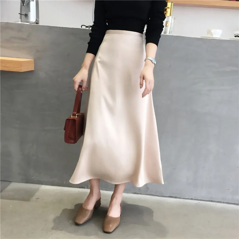 Women Elegant Office Lady Quality Glossy Satin Skirt Plain Shiny  Fashion Designer unclassified skirts