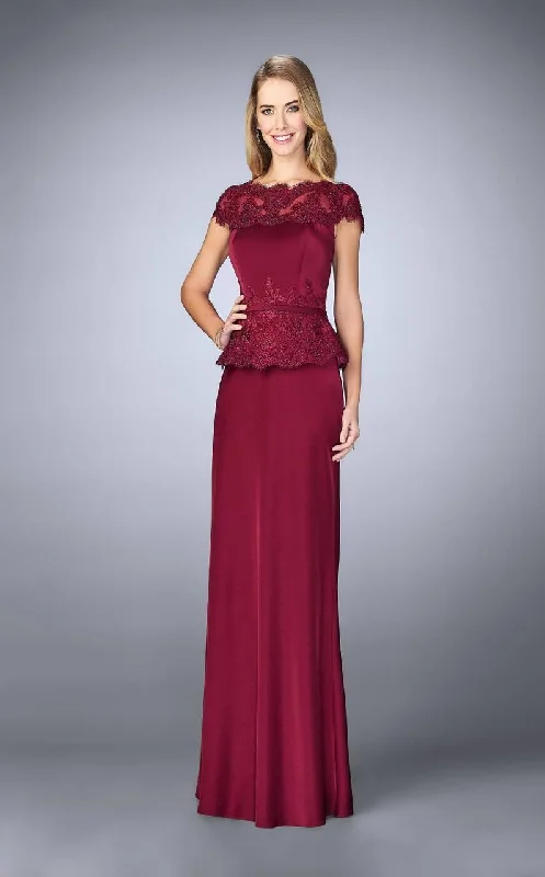 La Femme Bateau Neck Festooned Peplum Evening Gown 23444SC - 1 pc. Navy in Size 6 and 1 pc Crimson in Size 14 Available Versatile party dresses for any occasion